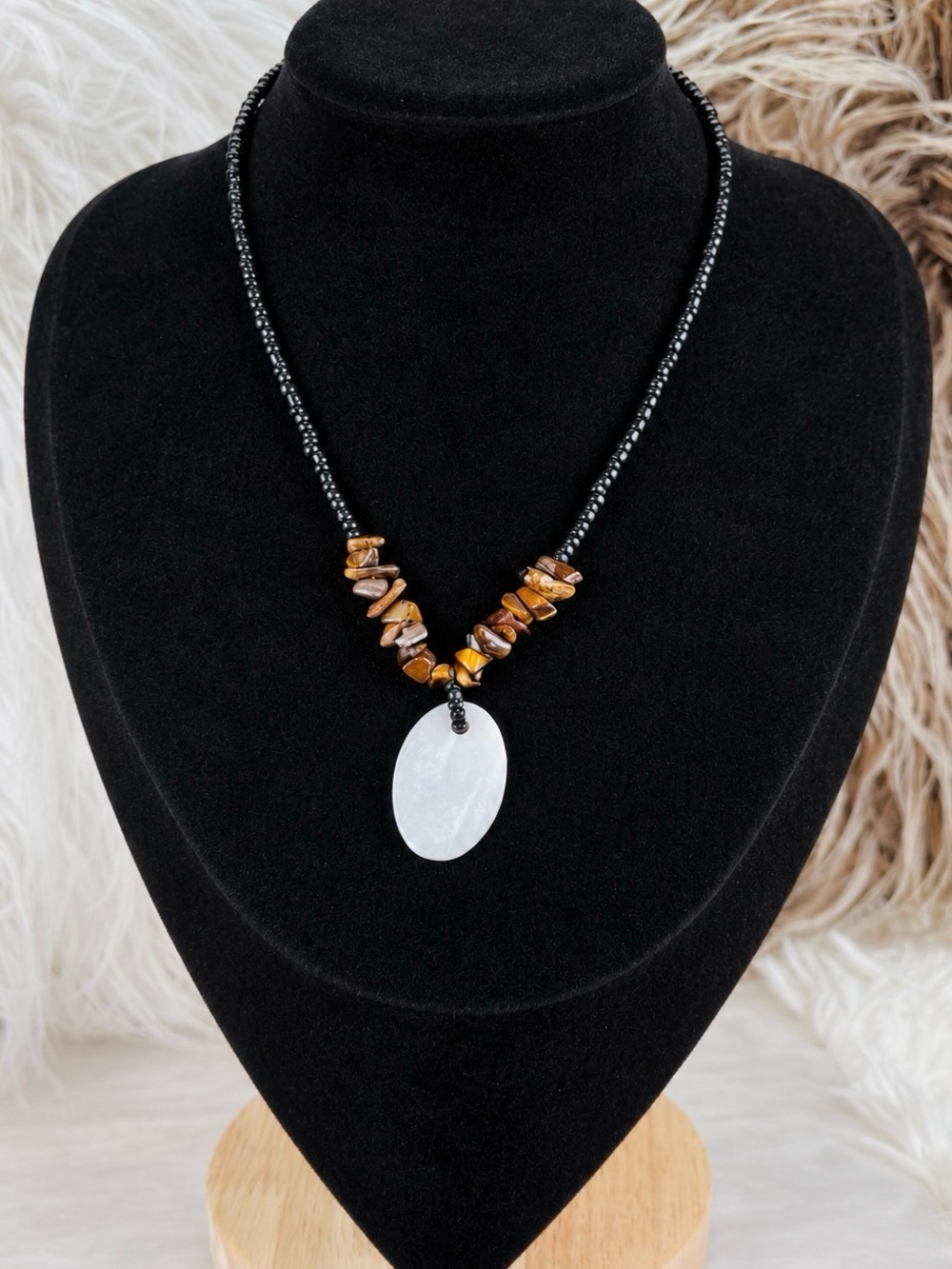 Black and brown beaded shell pendant Bohemian Island chic necklace